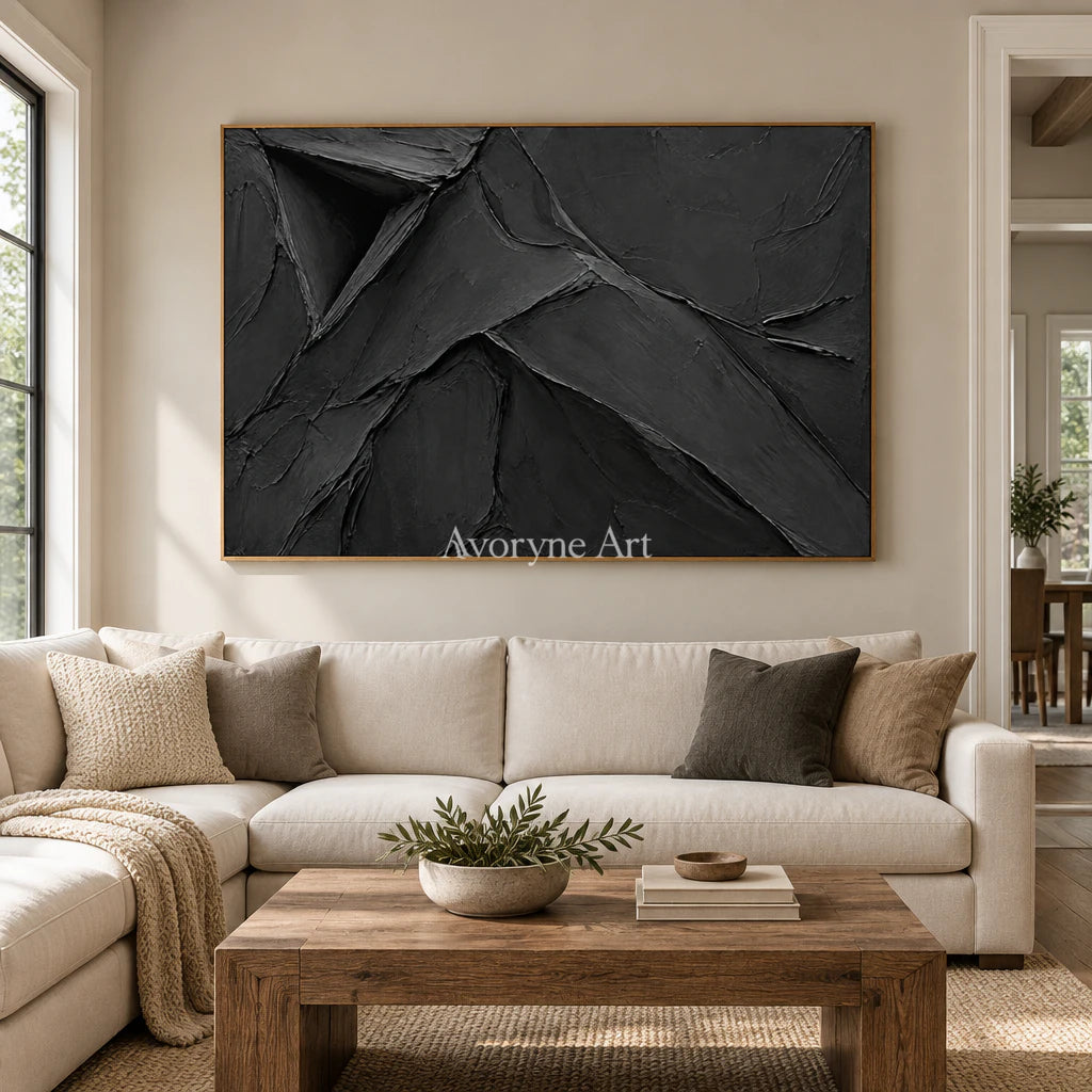 Obsidian Fold: Black Sculptural Abstract Wall Art — villa wood