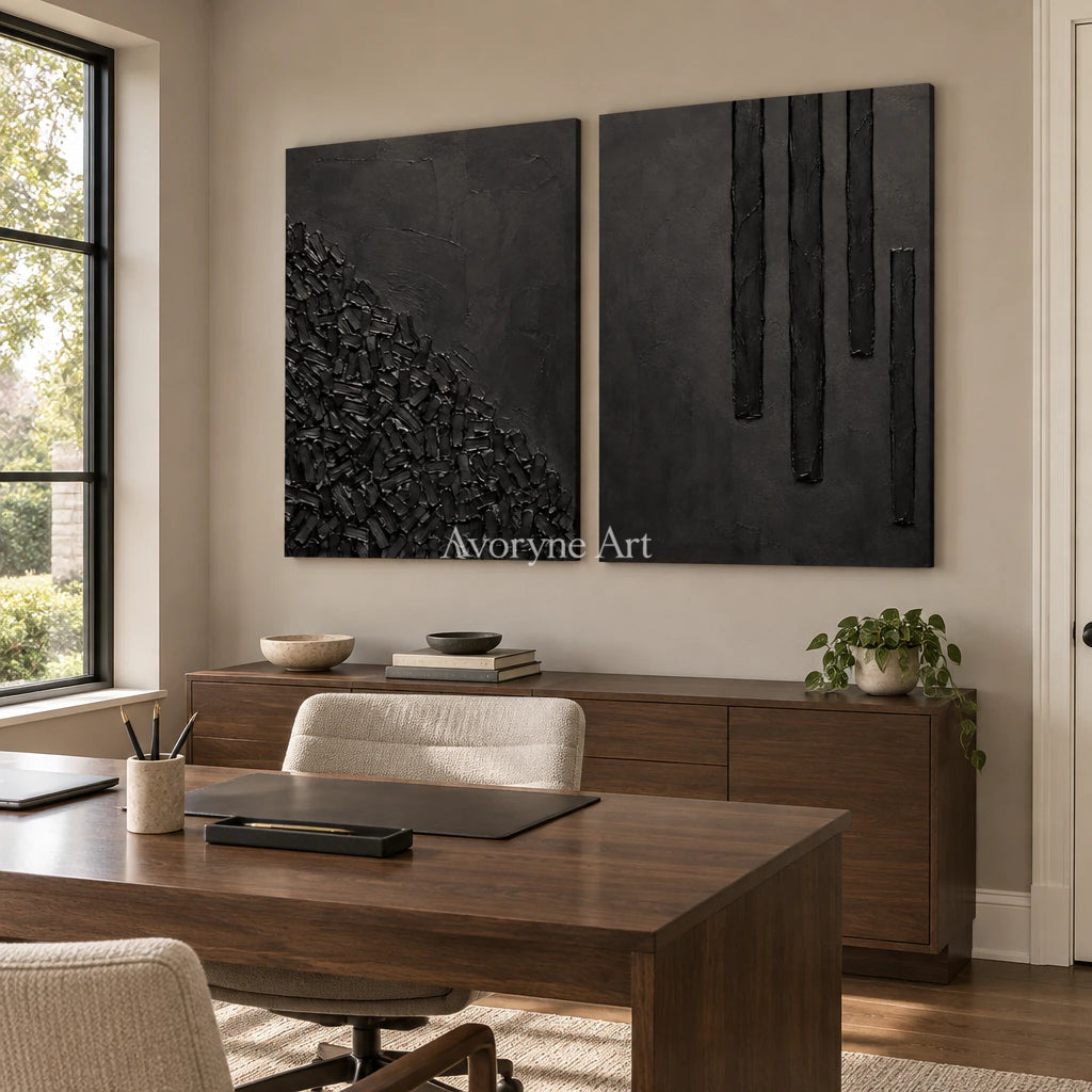 Obsidian Rhythm: Black Texture Diptych Wall Art — office frameless