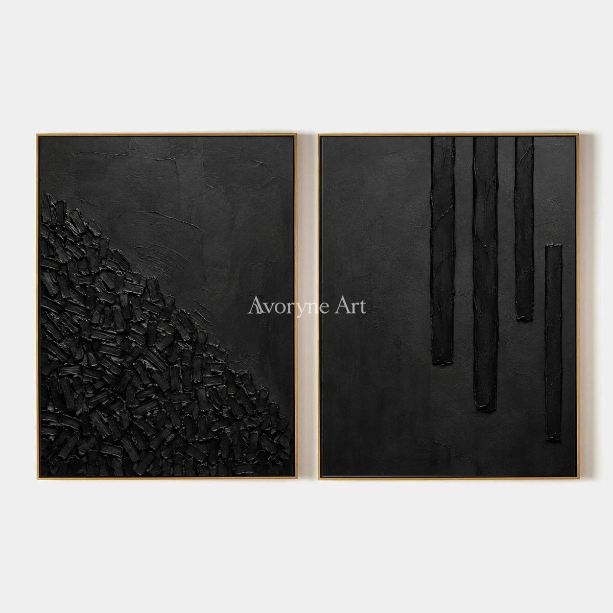 Obsidian Rhythm: Black Texture Diptych Wall Art — primary