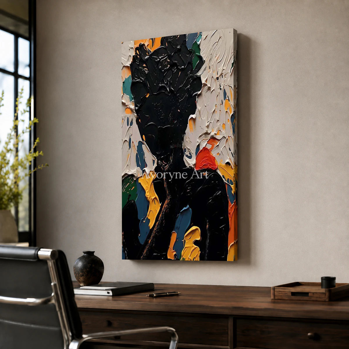 Nocturne Visage: Black Textured Portrait Wall Art — office frameless