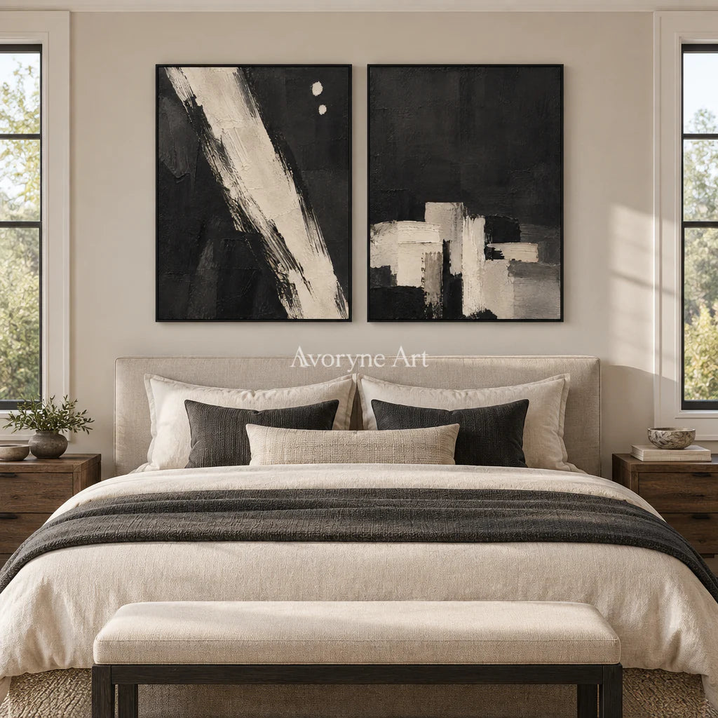 Drybrush Exchange: Black White Abstract Diptych Wall Art — bedroom black