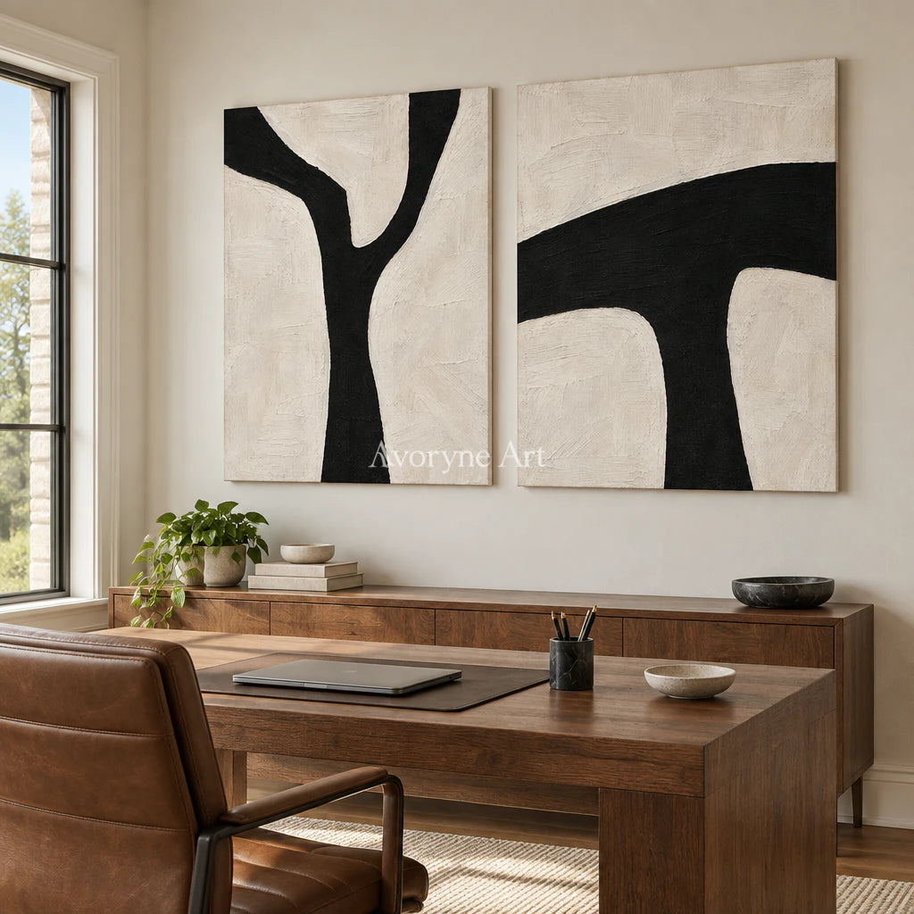 Branching Balance: Black White Diptych Wall Art — office frameless