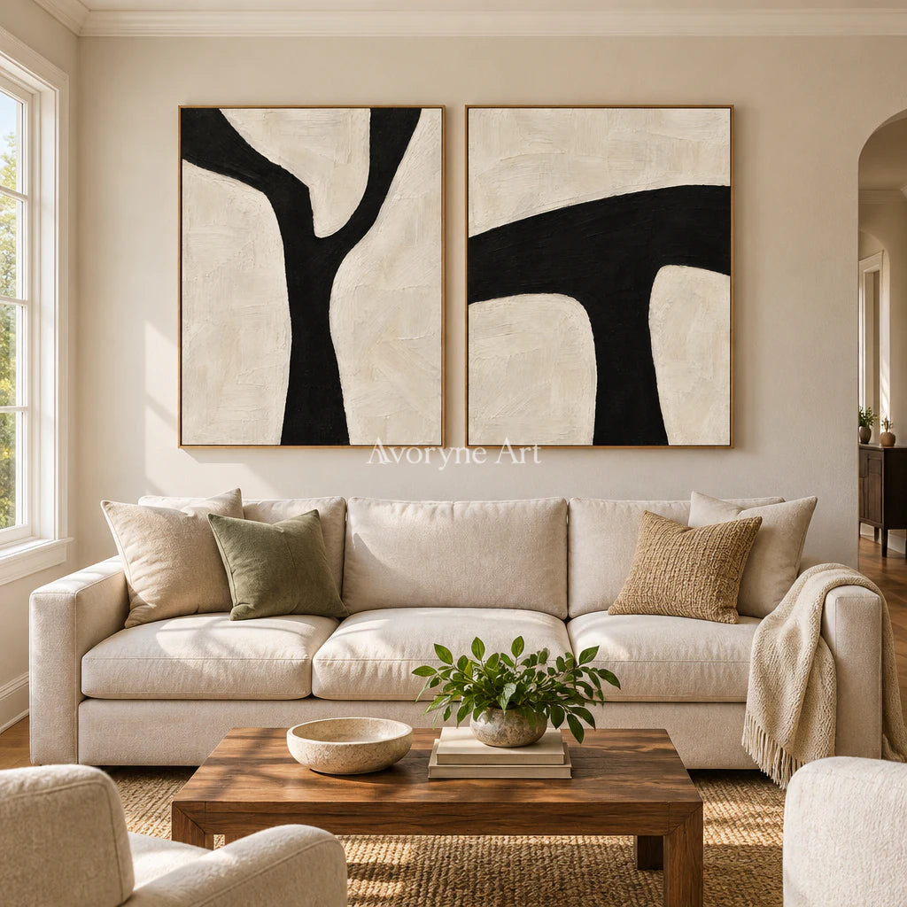 Branching Balance: Black White Diptych Wall Art — villa wood