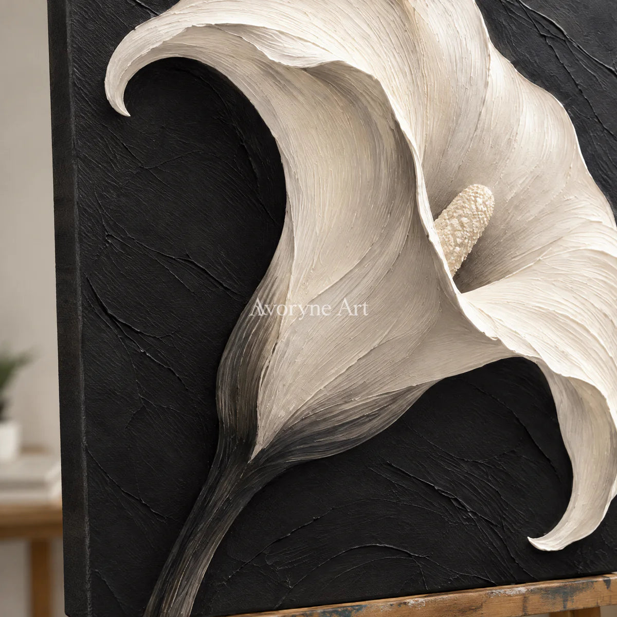 Botanical Contrast: Black White Floral Diptych Wall Art — detail easel