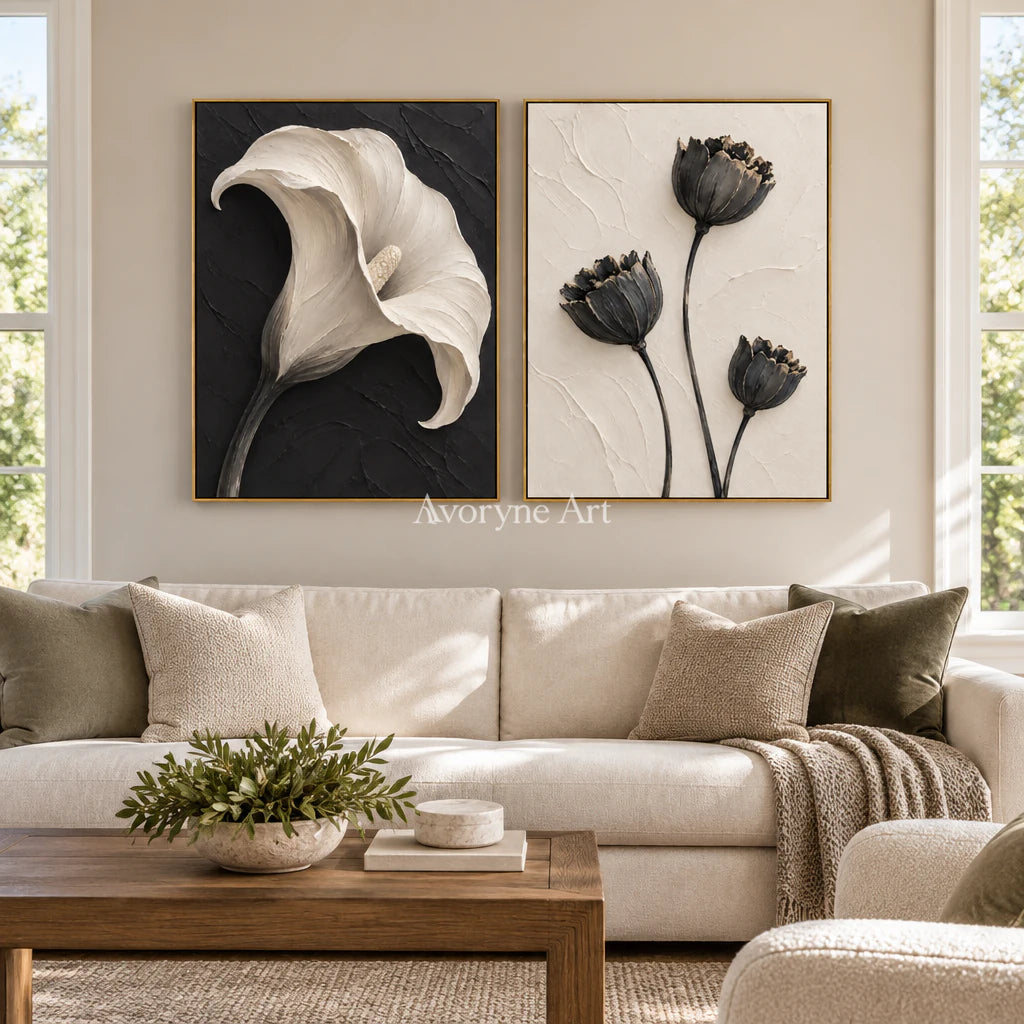 Botanical Contrast: Black White Floral Diptych Wall Art — living gold