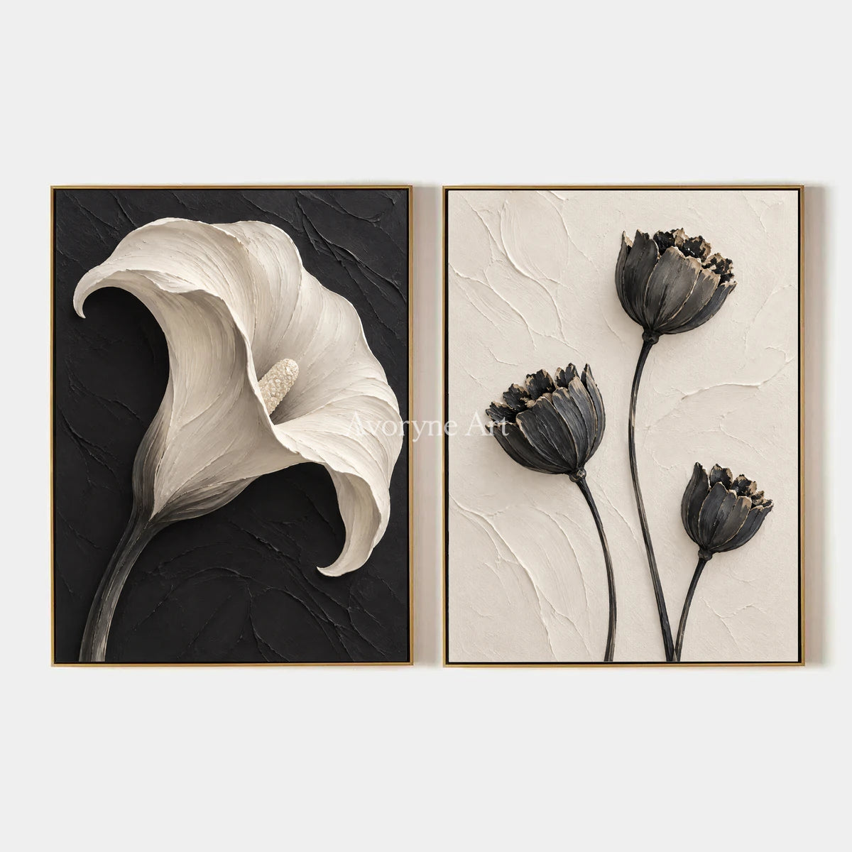 Botanical Contrast: Black White Floral Diptych Wall Art — primary