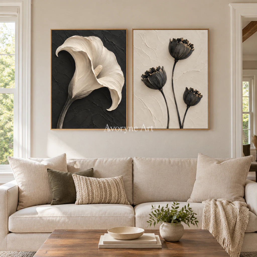 Botanical Contrast: Black White Floral Diptych Wall Art — villa wood