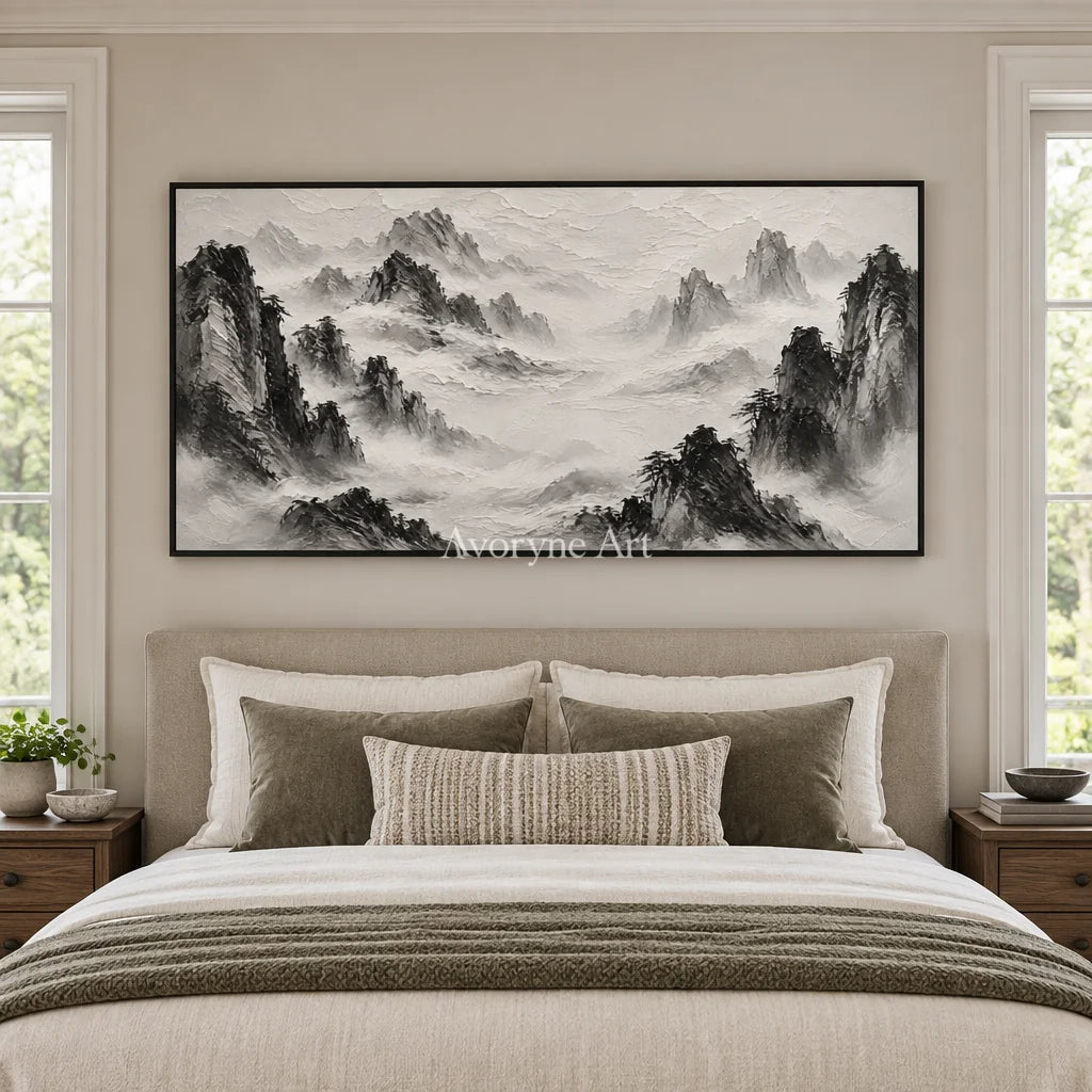 Inkward Peaks: Black White Mountain Art — bedroom black