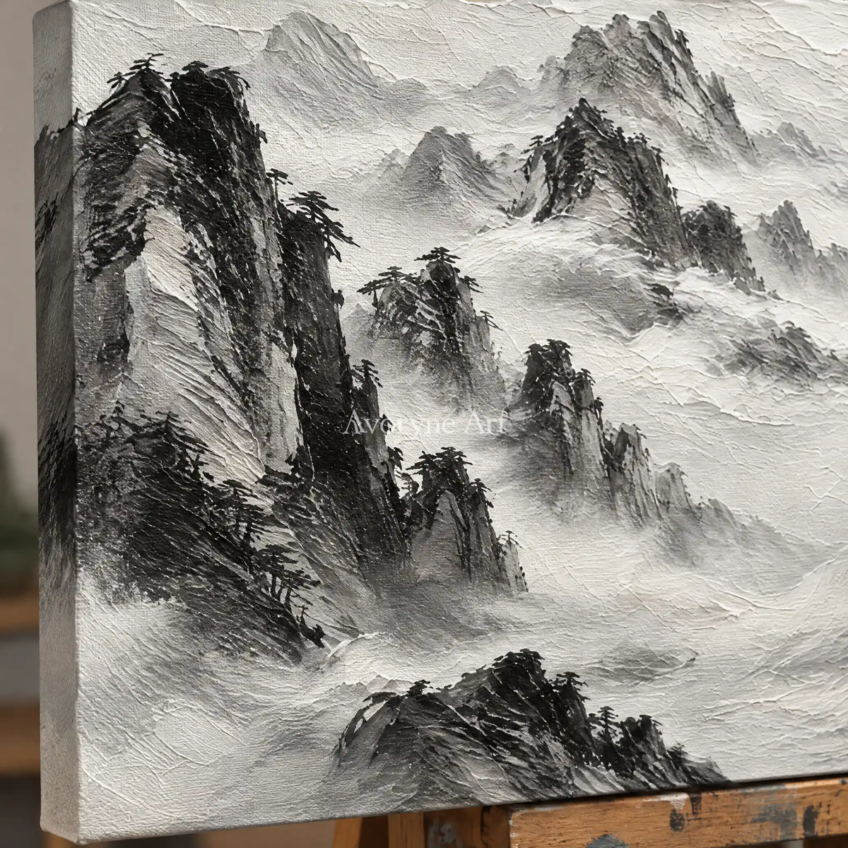 Inkward Peaks: Black White Mountain Art — detail easel