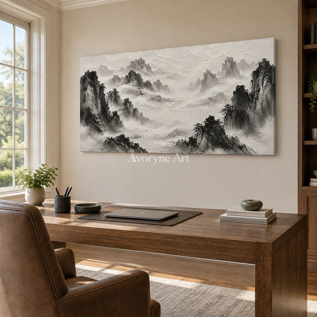 Inkward Peaks: Black White Mountain Art — office frameless