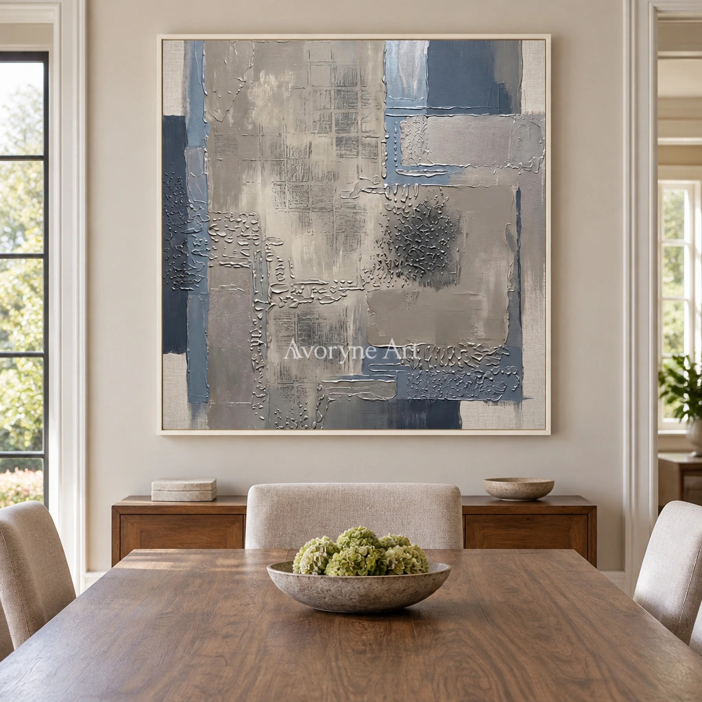 Amber Echo block relief wall art with a white frame in a dining room