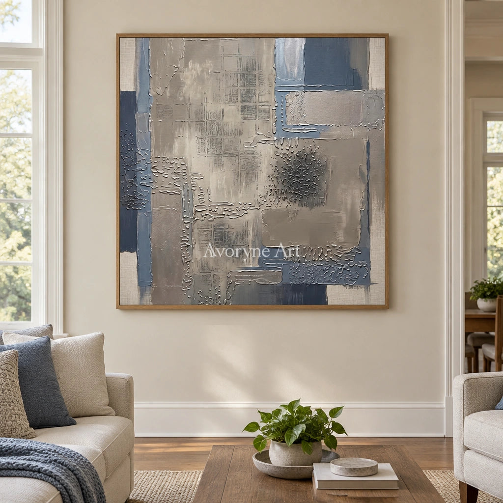 Amber Echo block relief wall art with a wood frame in a villa living space