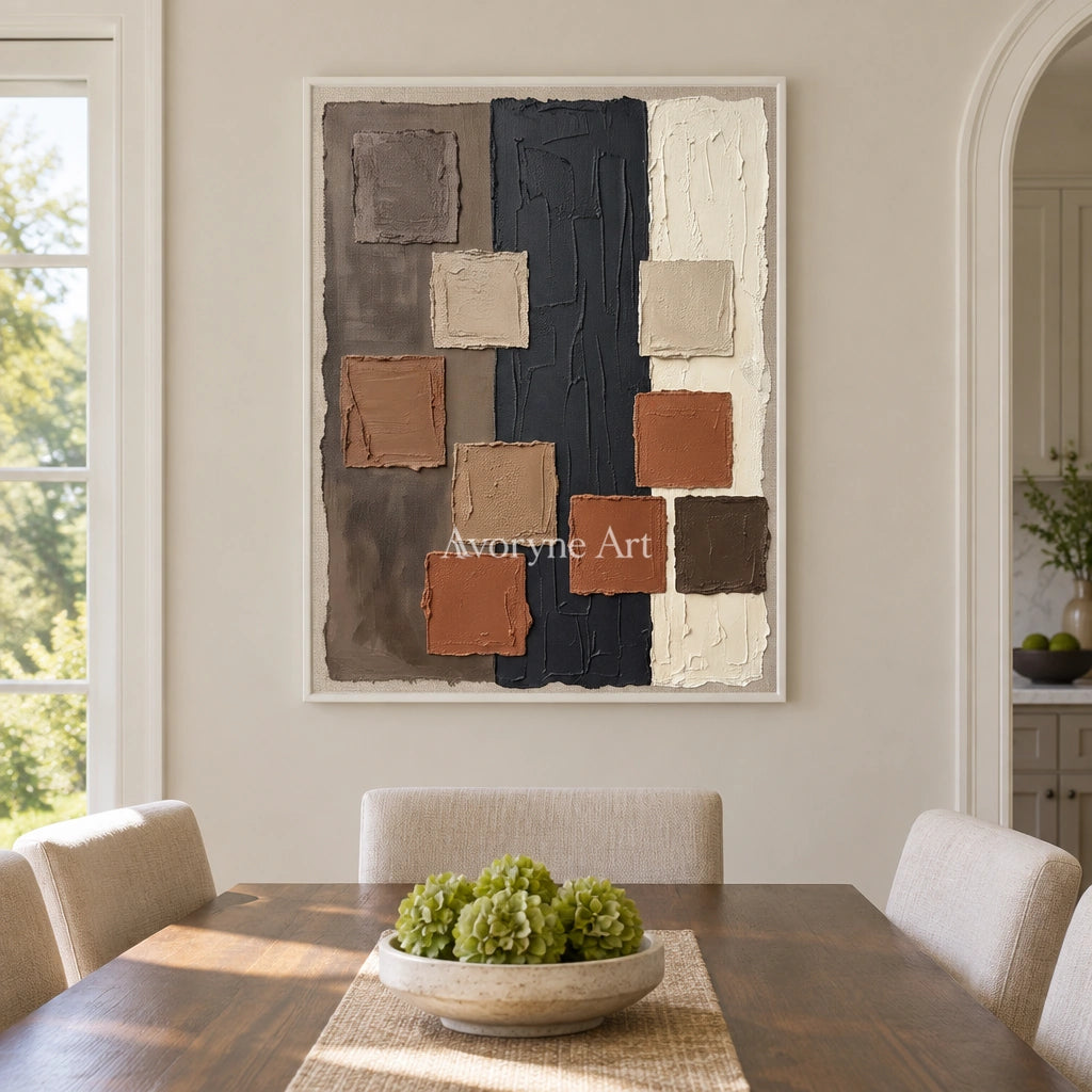 Soft Passage block relief wall art with a white frame in a dining room