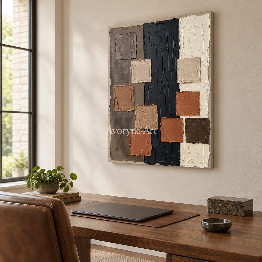 Soft Passage block relief wall art as a frameless stretched canvas in a home office