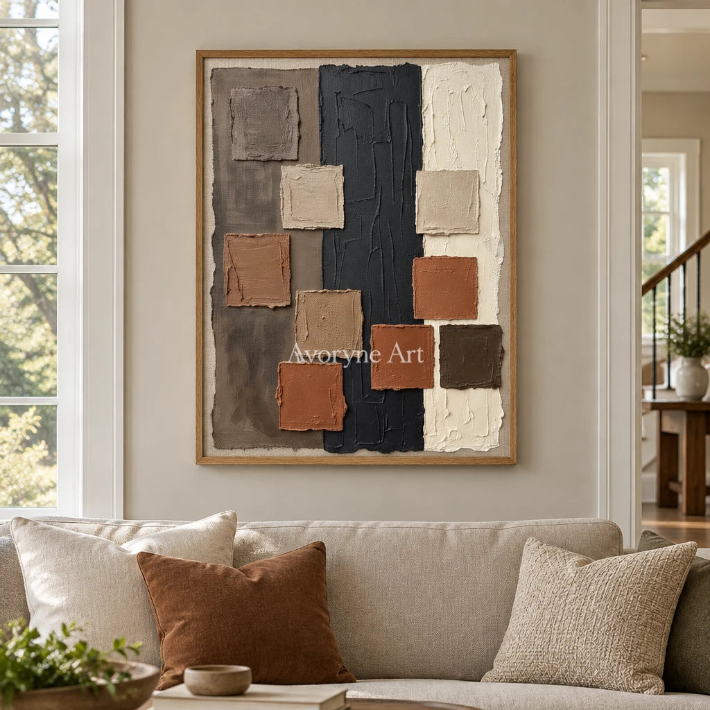 Soft Passage block relief wall art with a wood frame in a villa living space