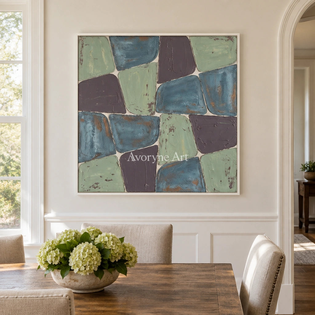 Soft Interval block relief wall art with a white frame in a dining room