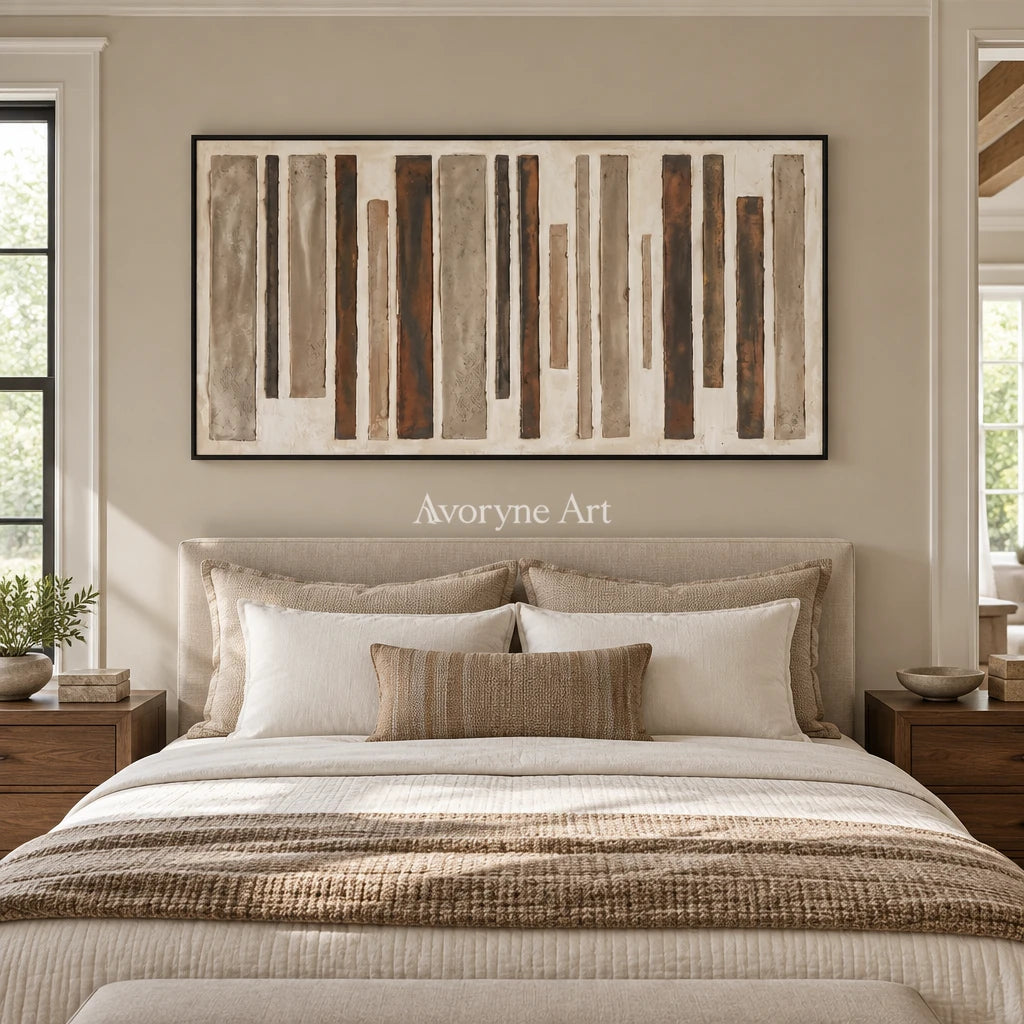 Soft Echo block relief wall art with a black frame above a bed in a bedroom