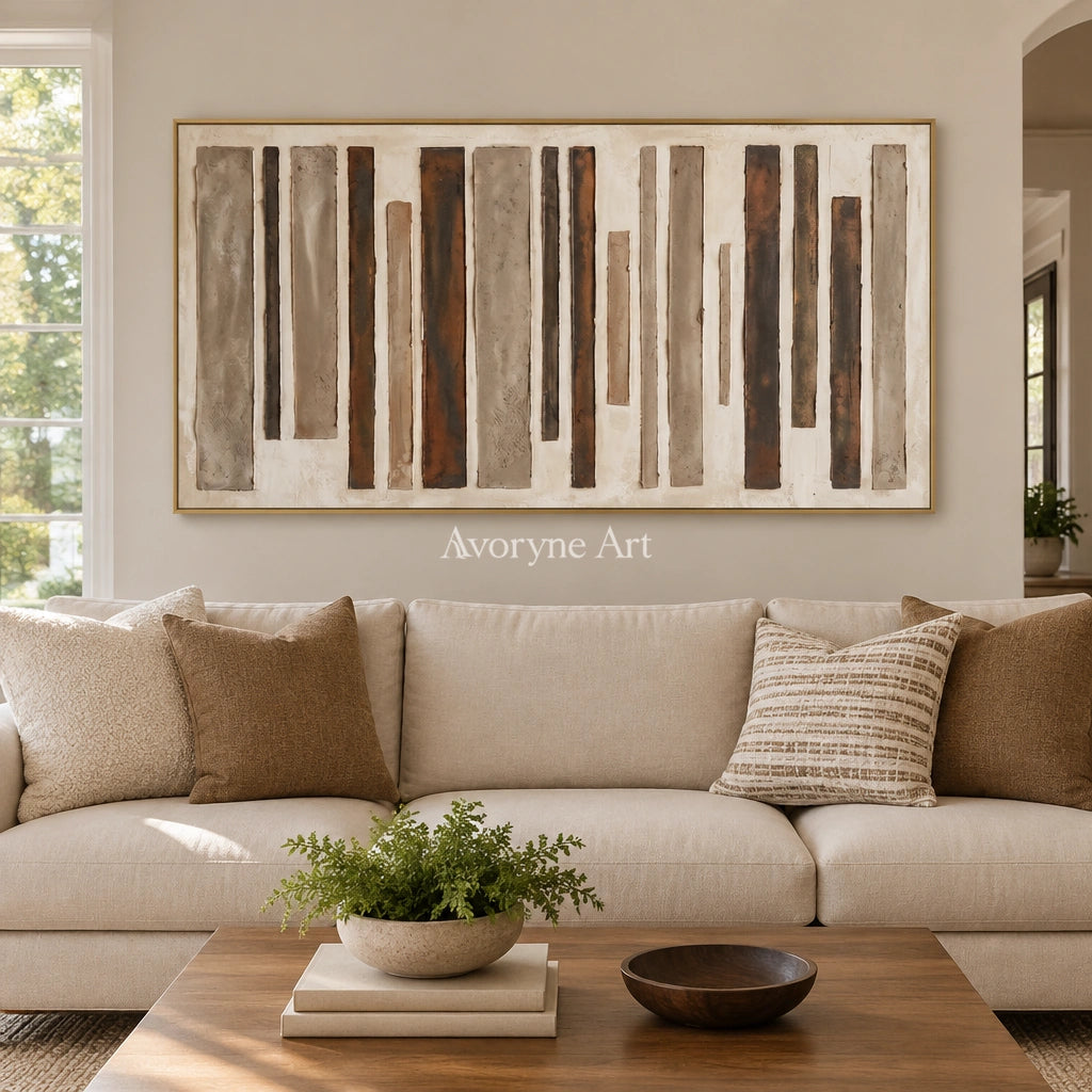 Soft Echo block relief wall art with a gold frame hanging in a living room