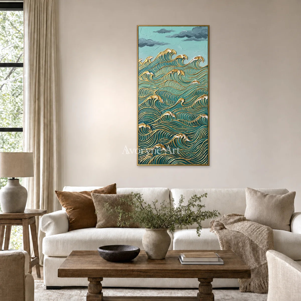 Jade Current: Blue and Gold Wave Vertical Wall Art — living gold