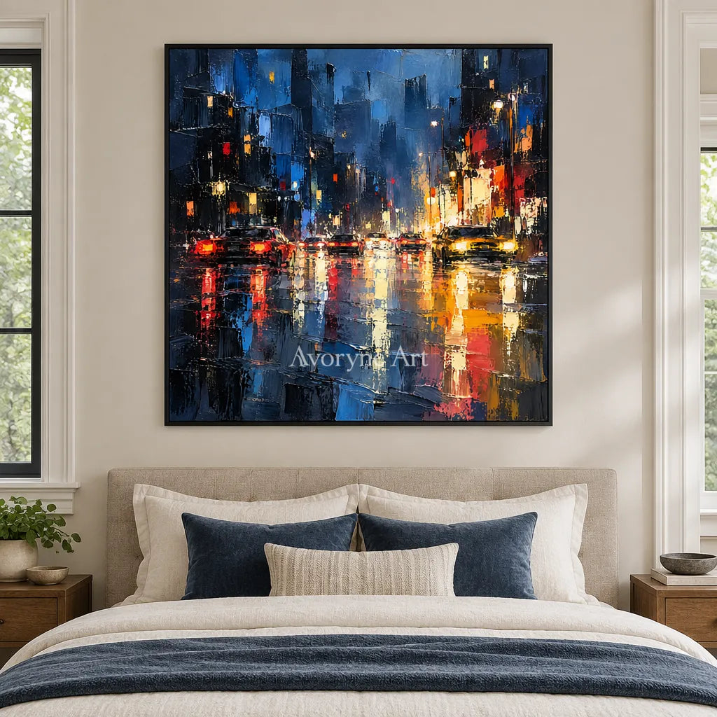 Midnight Reflections: Blue Cityscape Textured Art — bedroom black