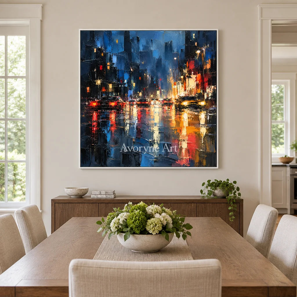 Midnight Reflections: Blue Cityscape Textured Art — dining white