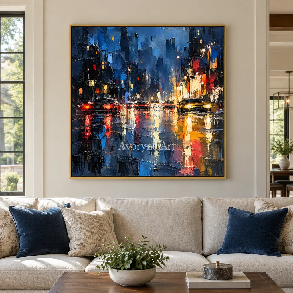 Midnight Reflections: Blue Cityscape Textured Art — living gold