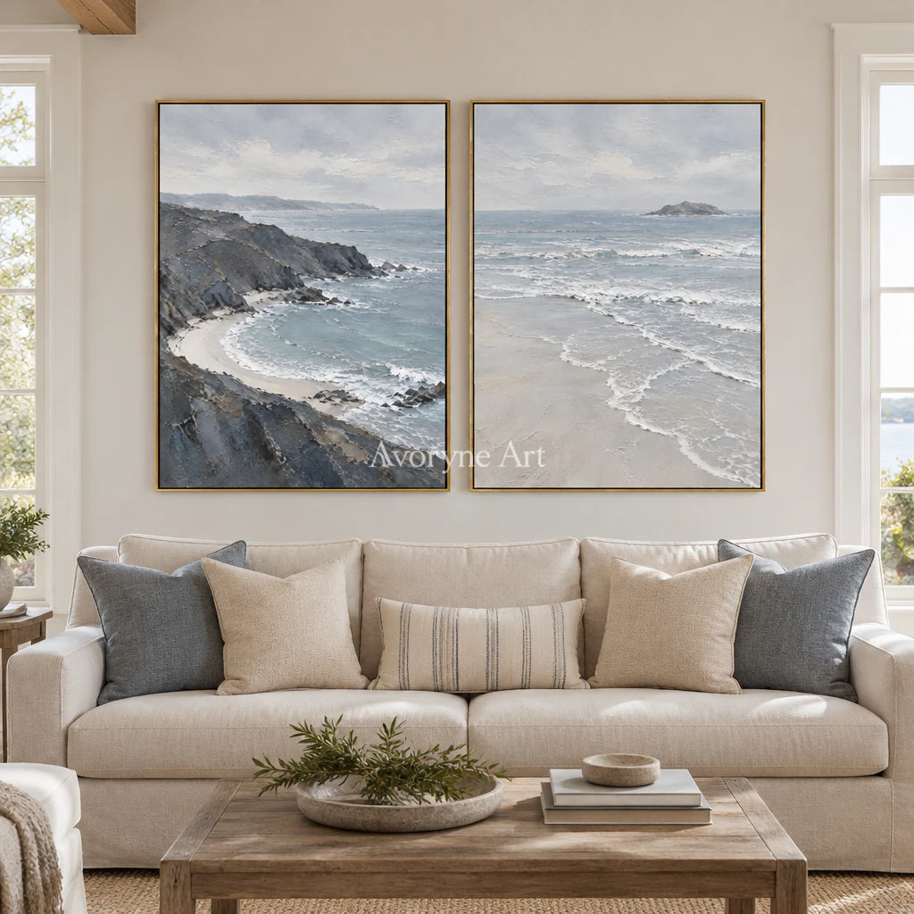 Shoreline Exchange: Blue Coastal Diptych Wall Art — living gold