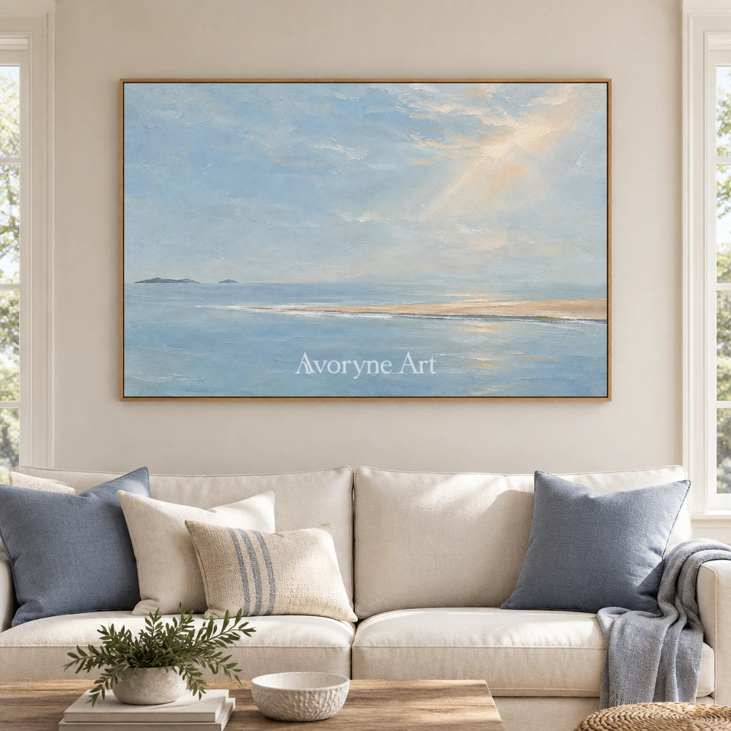 Pale Blue Reach: Blue Coastal Landscape Wall Art — villa wood