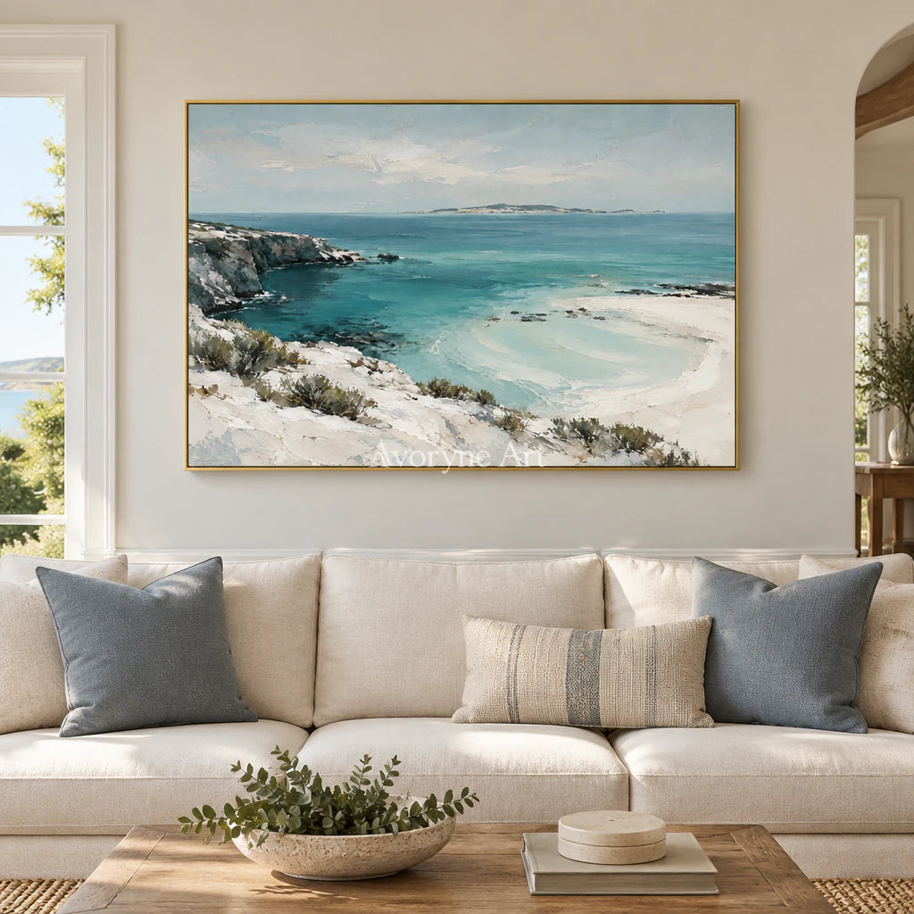 Turquoise Haven: Blue Coastal Landscape Wall Art — living gold