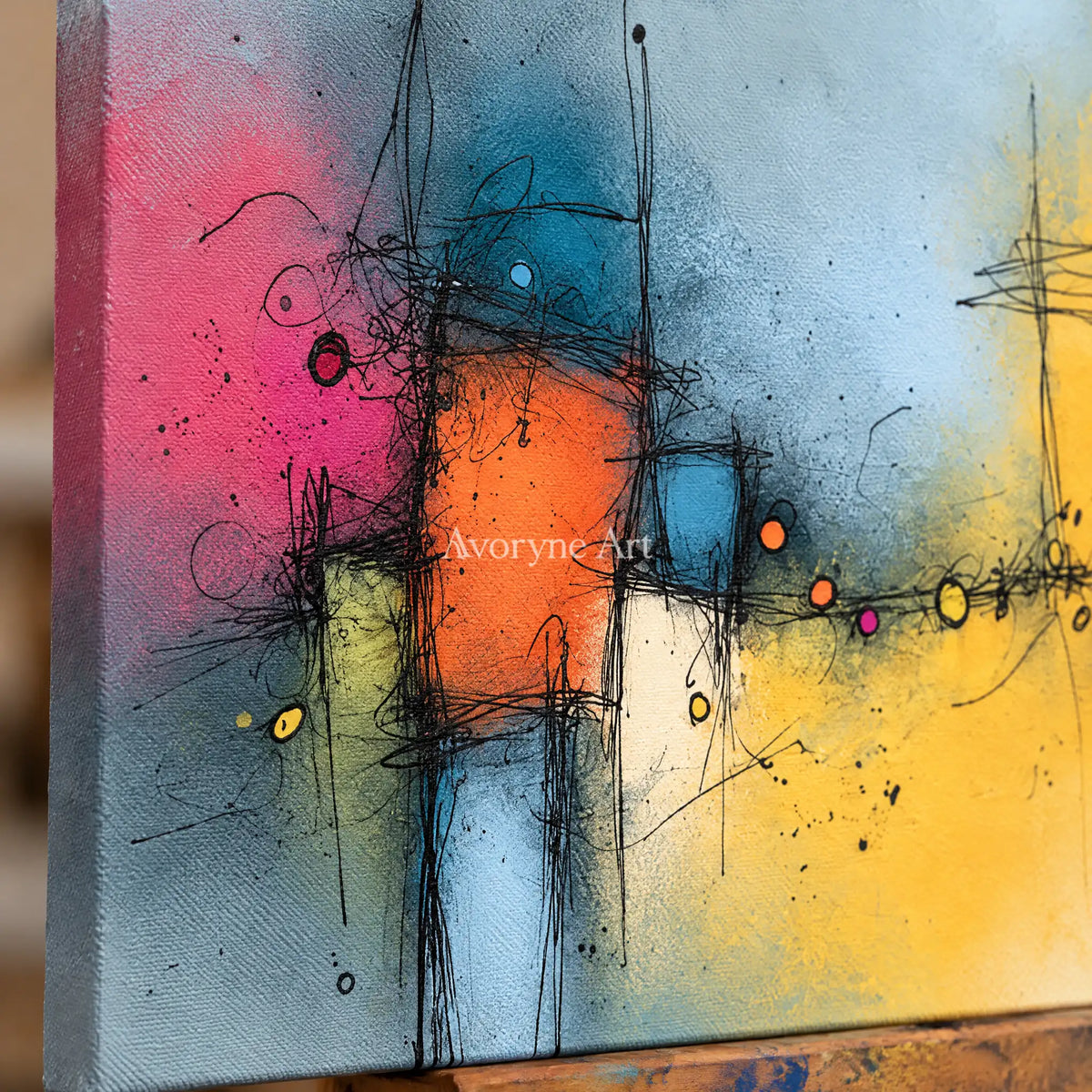 Ivory Painted Refrain: Blue Color Burst Art — detail easel