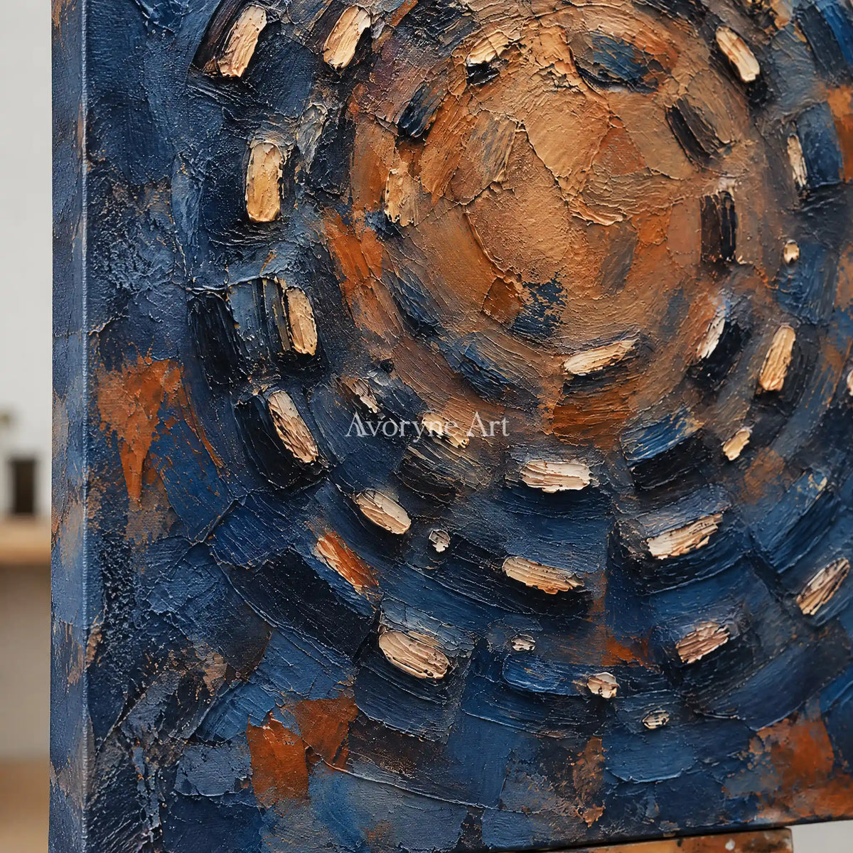 Cobalt Orbit: Blue Concentric Impasto Wall Art — detail easel