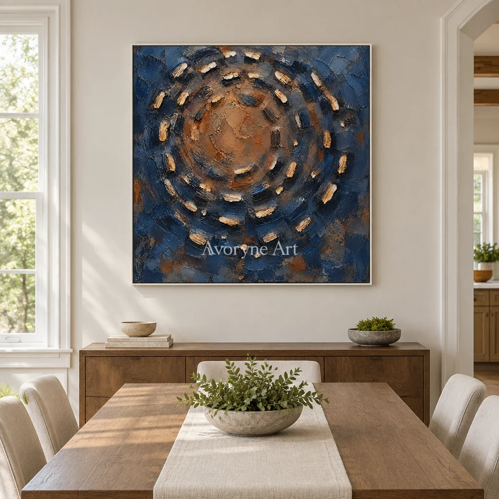 Cobalt Orbit: Blue Concentric Impasto Wall Art — dining white