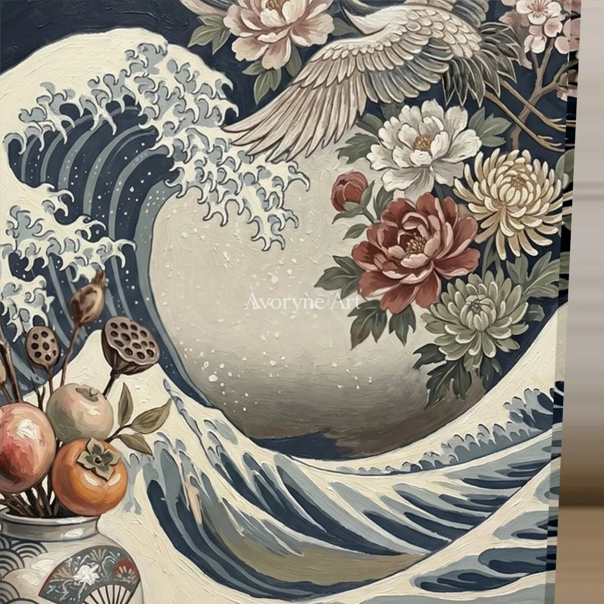 Cranecrest Bloom: Blue Crane Wave and Flower Vase Wall Art — detail easel