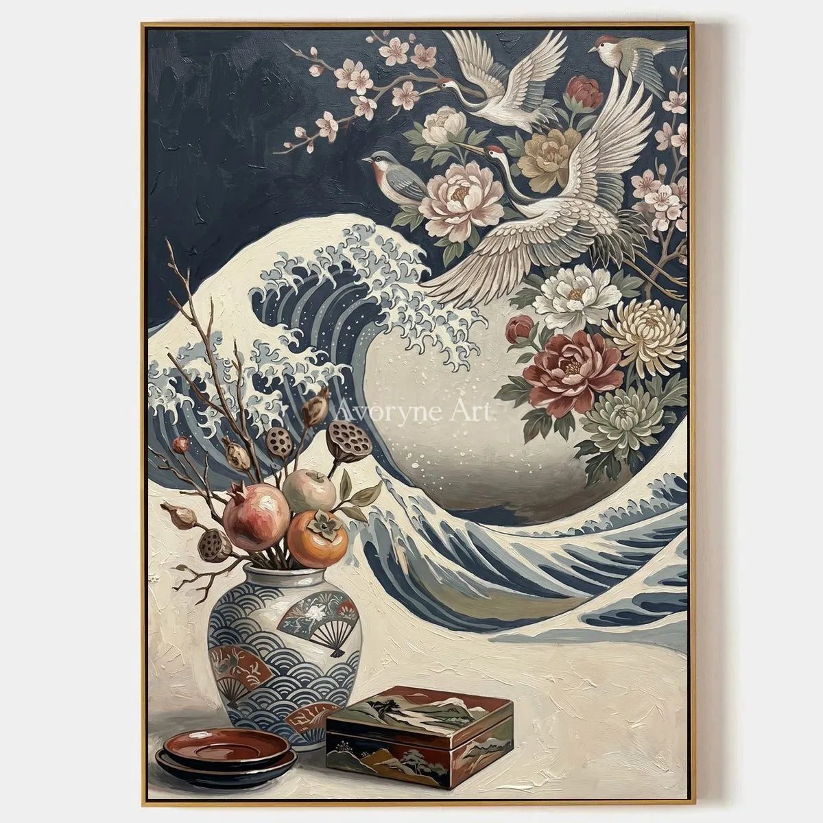 Cranecrest Bloom: Blue Crane Wave and Flower Vase Wall Art — primary