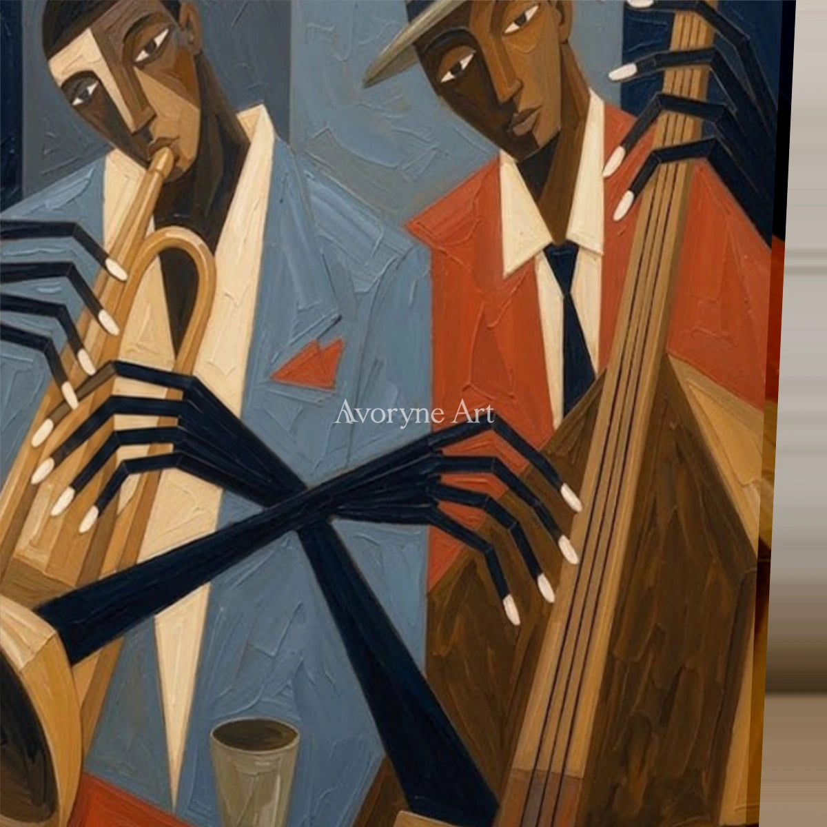 Brass After Hours: Blue Cubist Jazz Musicians Wall Art — detail easel