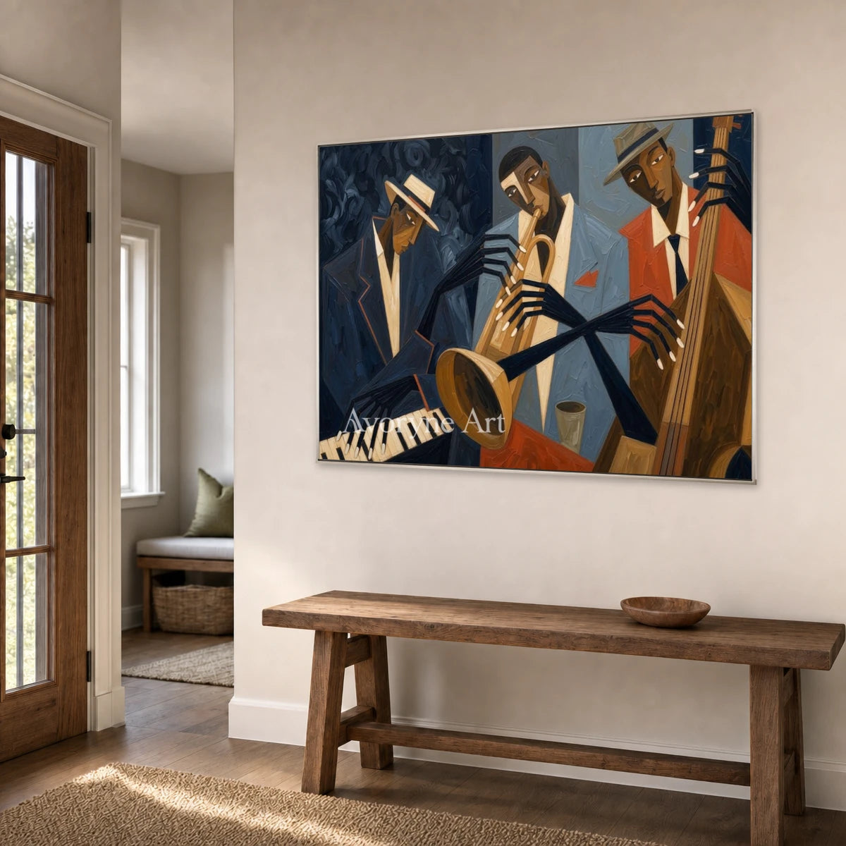 Brass After Hours: Blue Cubist Jazz Musicians Wall Art — entry silver