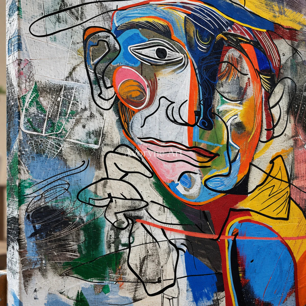 Prismatic Gentleman: Blue Cubist Portrait Wall Art — detail easel