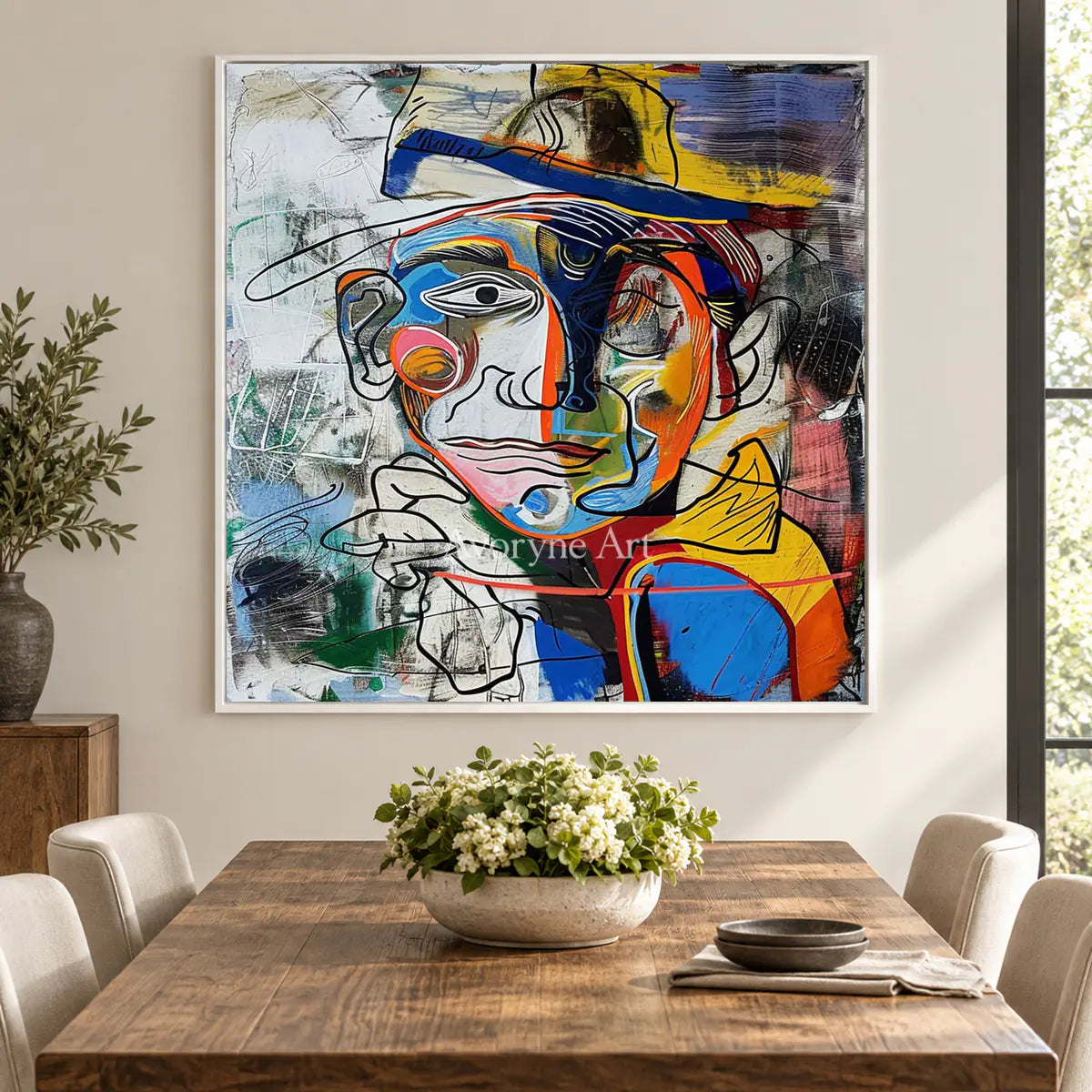 Prismatic Gentleman: Blue Cubist Portrait Wall Art — dining white