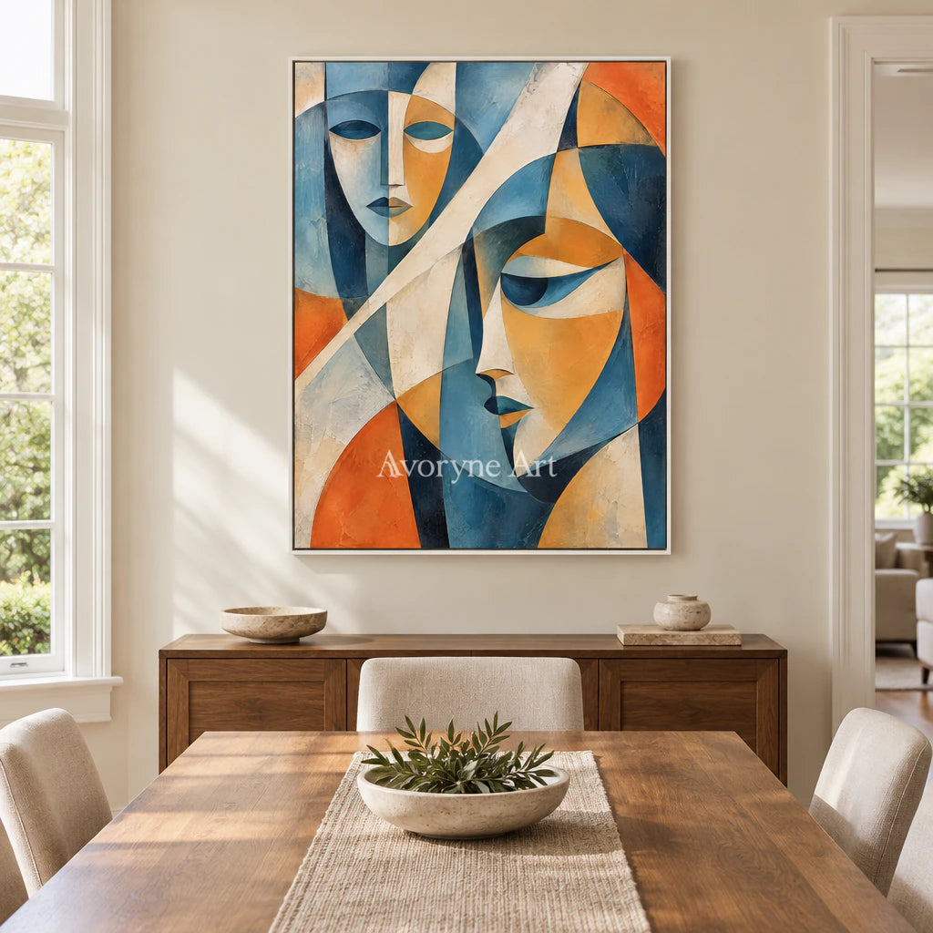 Faceted Dialogue: Blue Cubist Portrait Wall Art — dining white