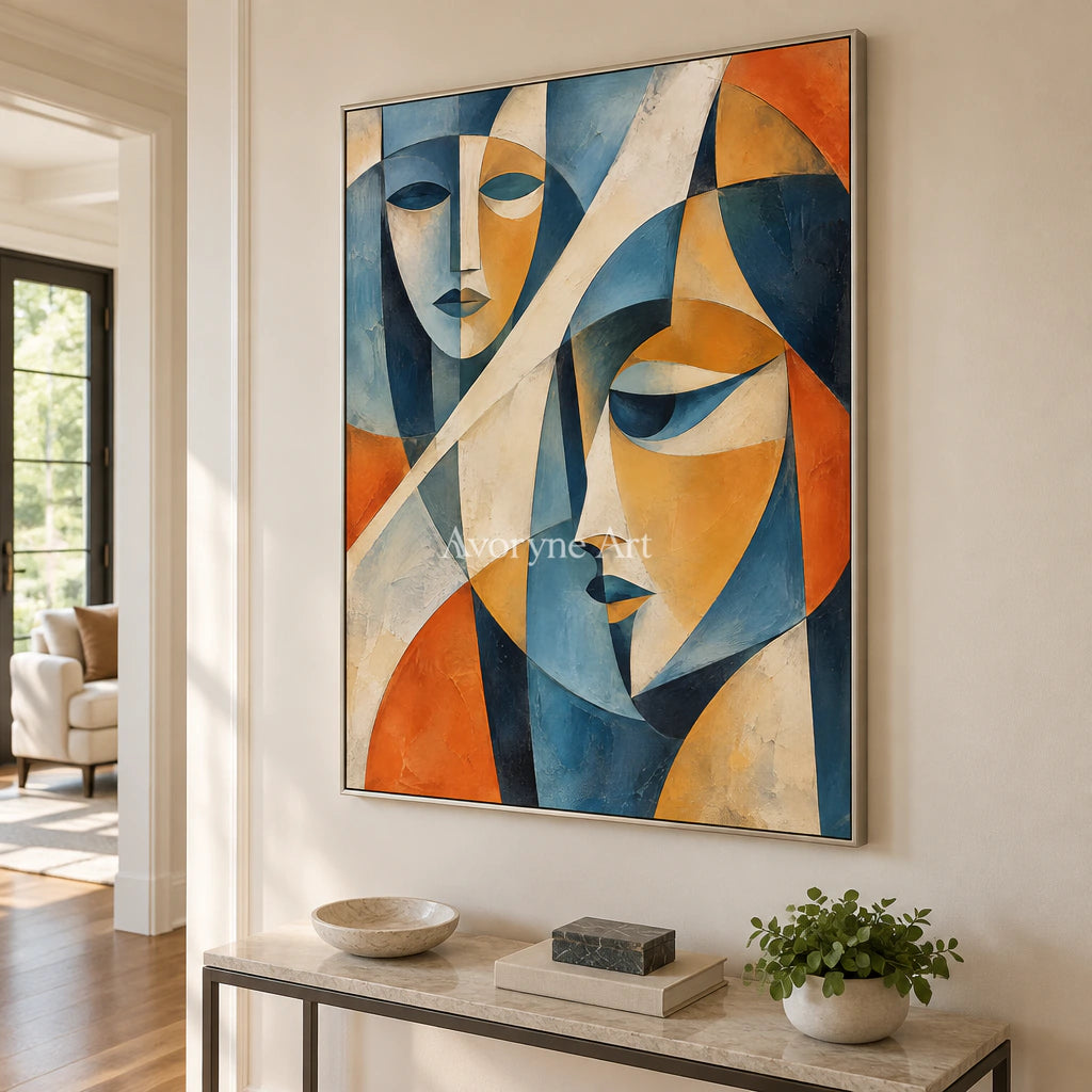 Faceted Dialogue: Blue Cubist Portrait Wall Art — entry silver