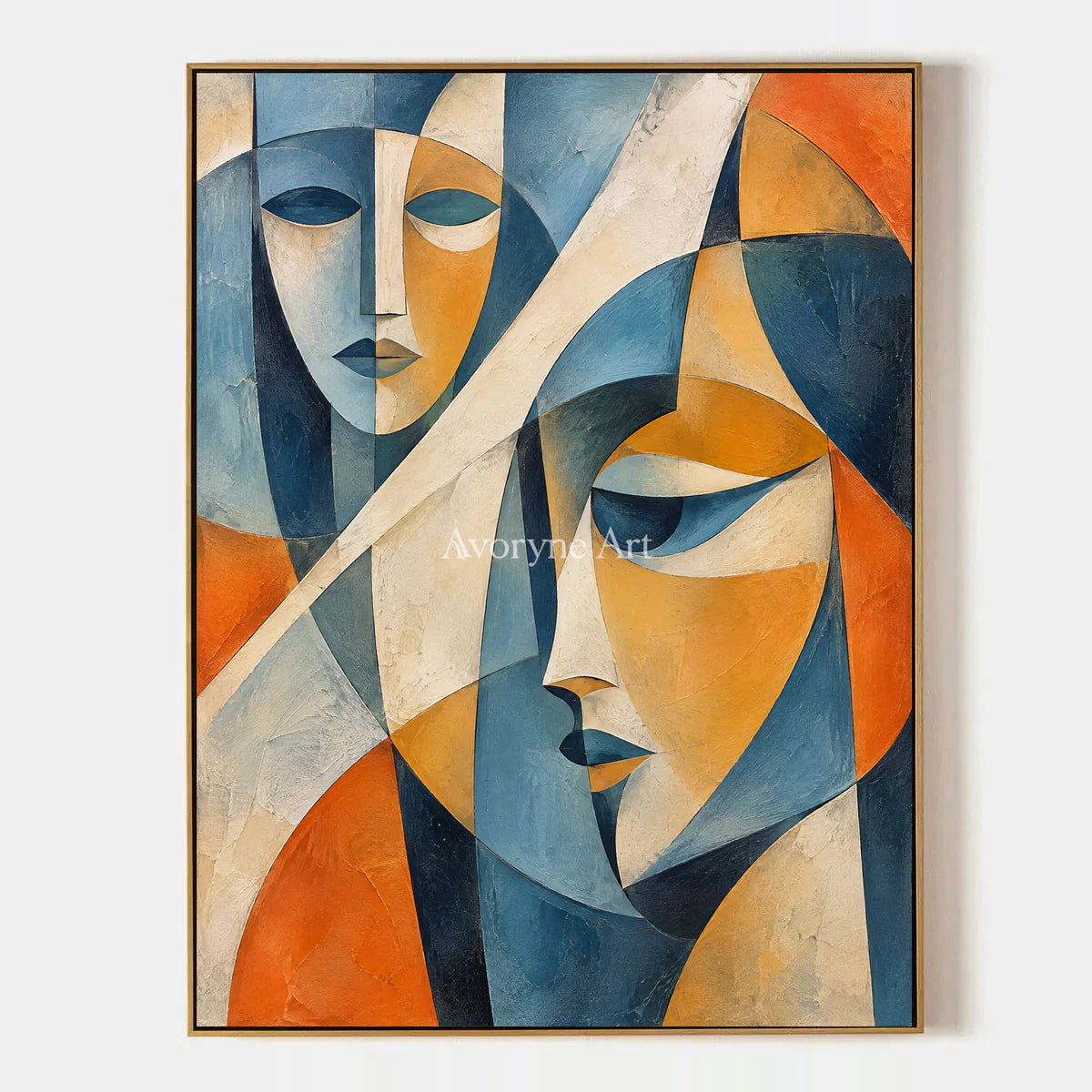 Faceted Dialogue: Blue Cubist Portrait Wall Art — primary