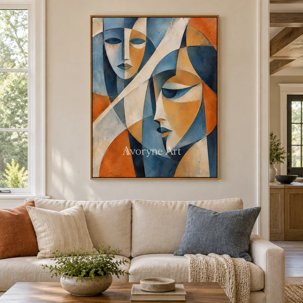 Faceted Dialogue: Blue Cubist Portrait Wall Art — villa wood