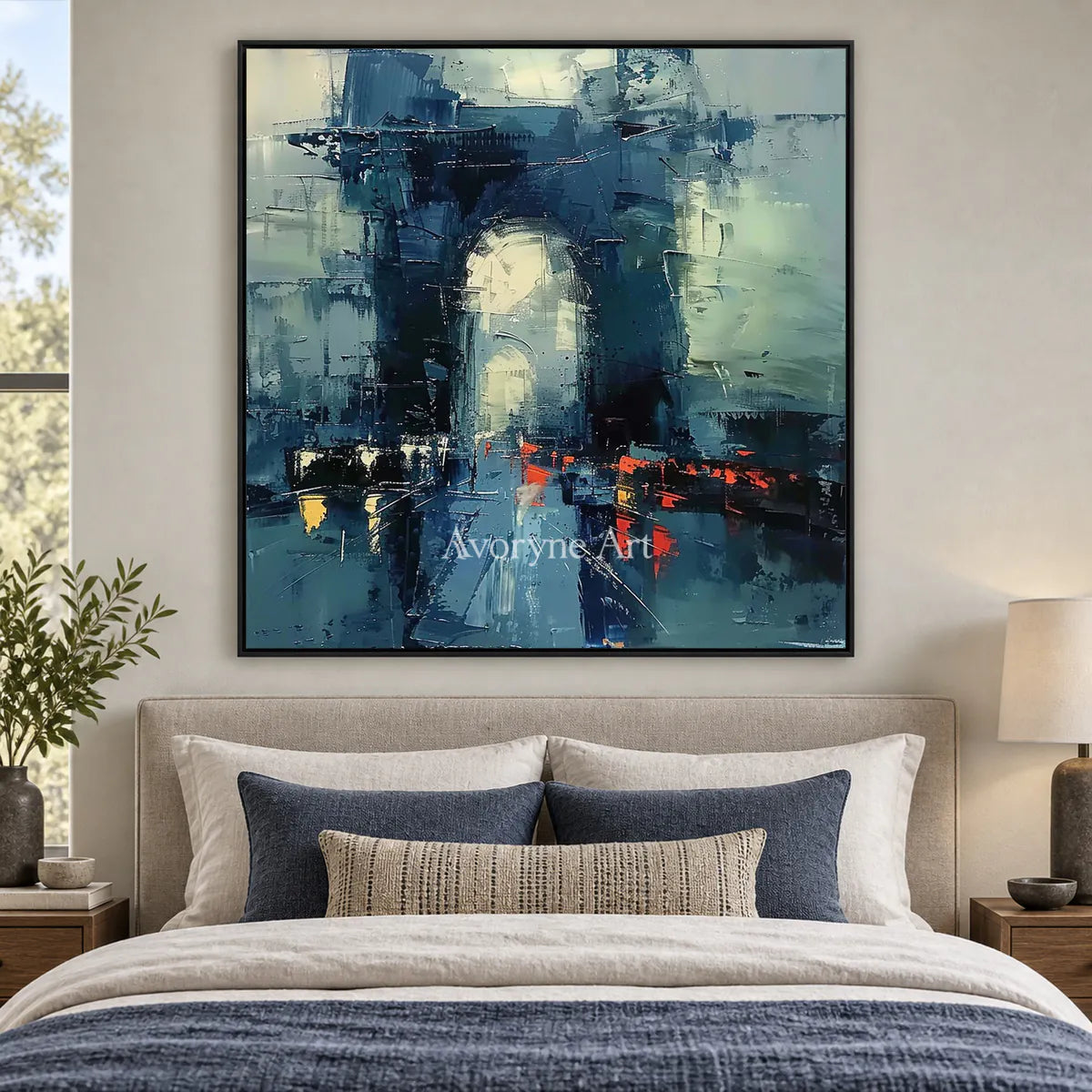 Cobalt Gateway: Blue Expressionist Cityscape Wall Art — bedroom black