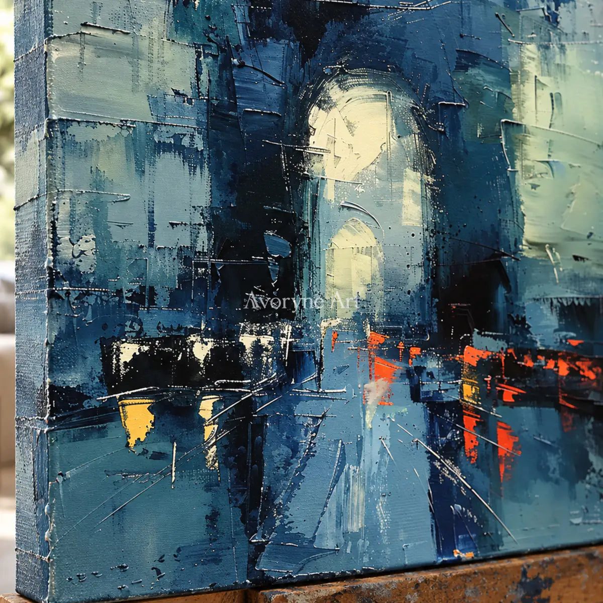 Cobalt Gateway: Blue Expressionist Cityscape Wall Art — detail easel