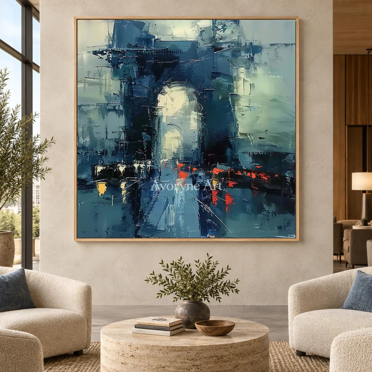 Cobalt Gateway: Blue Expressionist Cityscape Wall Art — hotel wood