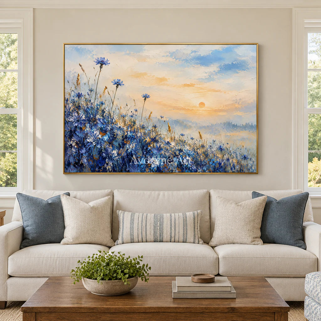 Cornflower Glow: Blue Floral Landscape Wall Art — living gold