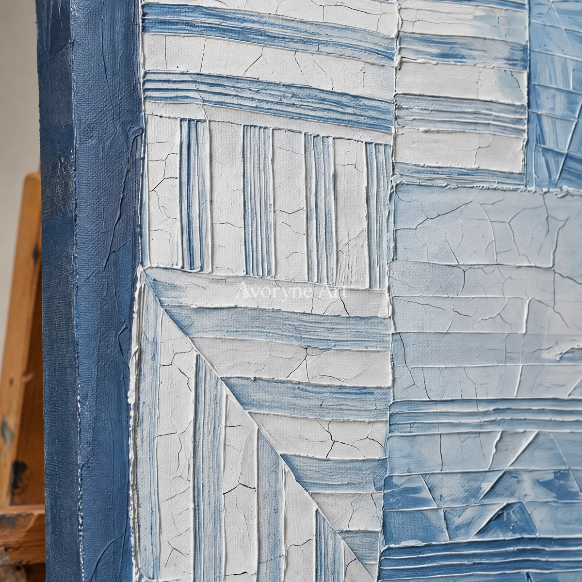 Close-up of the hand-painted texture of Earthen Solace blue geometric texture wall art on an easel