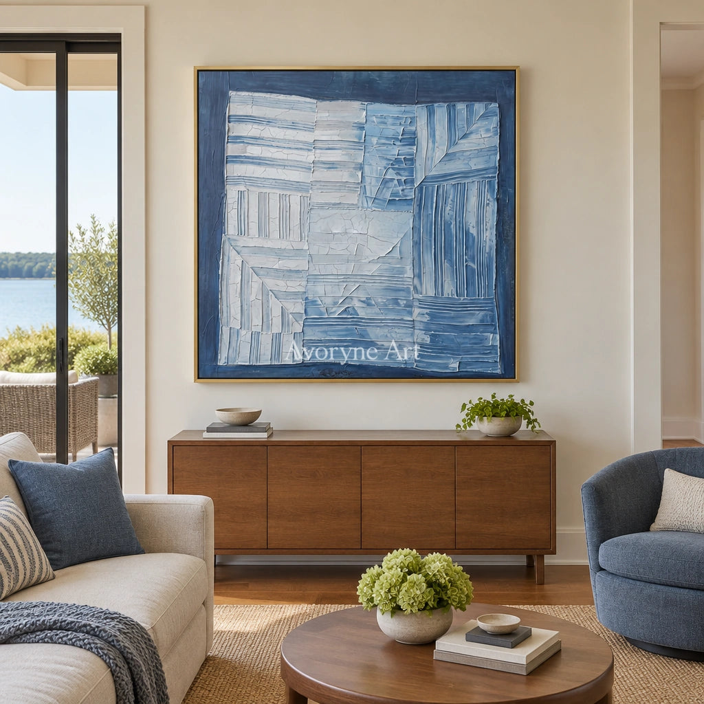 Earthen Solace blue geometric texture wall art with a gold frame hanging in a living room