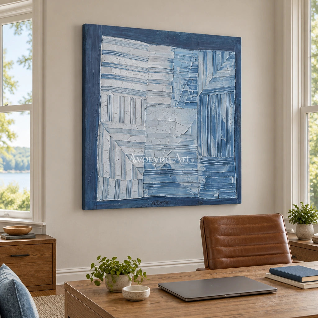 Earthen Solace blue geometric texture wall art as a frameless stretched canvas in a home office