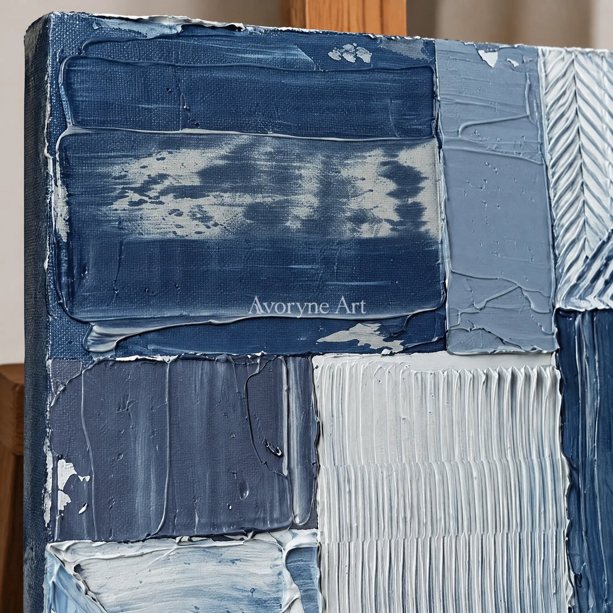 Close-up of the hand-painted texture of Hushed Measure blue geometric texture wall art on an easel